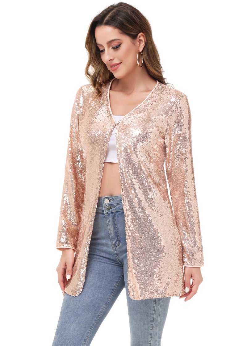 Anna-Kaci Women's Open Front Sequin Coat Las Vegas Blazer Party Club Cocktail Jacket Outerwear, Rose Gold, X-Large - Image 4